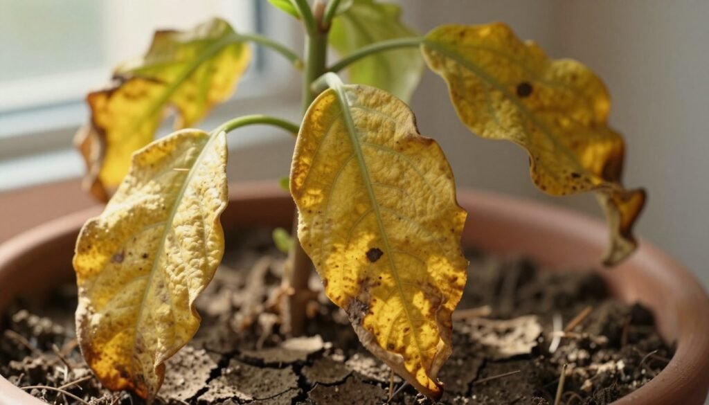 A close-up view of a distressed plant suffering from physiological drought, featuring wilted yellowing leaves that are curling at the edges. The foreground highlights intricate details of the leaf texture, showcasing its fragile appearance and signs of stress, such as brown spots. In the middle ground, a pot with soil that appears dry and cracked can be seen, suggesting a lack of water absorption. The background fades into a softly blurred indoor environment with warm, diffused sunlight filtering through a window, casting gentle shadows on the plant. The atmosphere should evoke a sense of urgency and concern regarding plant health, emphasizing the contradictory presence of water and the inability of the plant to absorb it effectively.