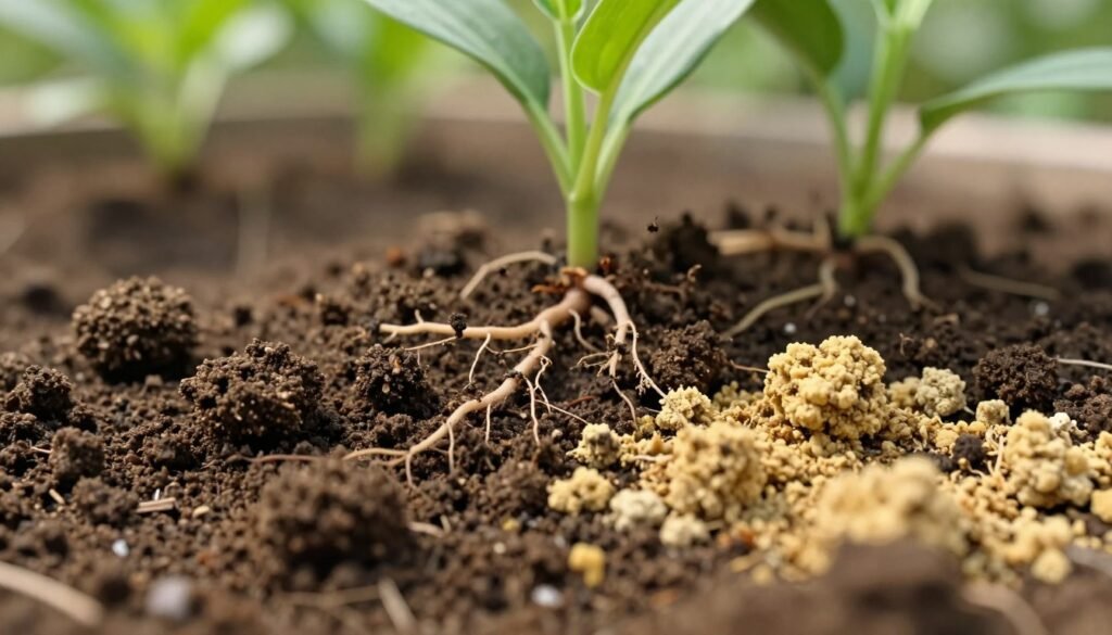 A close-up view of a soil sample displaying varied textures and colors, highlighting its pH level. The foreground features rich, dark brown soil with small grains and organic matter, contrasted with pale, yellowish clumps indicating nutrient deficiencies. In the middle ground, small roots of a healthy green plant can be seen intertwined with the soil, suggesting vitality yet shrouded in a slight haze to symbolize nutrient blockage. In the background, soft, diffused natural sunlight filters through green foliage, casting gentle shadows that enhance the earthy tones. The atmosphere is calm and informative, evoking a sense of scientific analysis and discovery. Use a macro lens perspective to capture intricate details. Ensure the scene is clean, professional, and devoid of any text or branding.