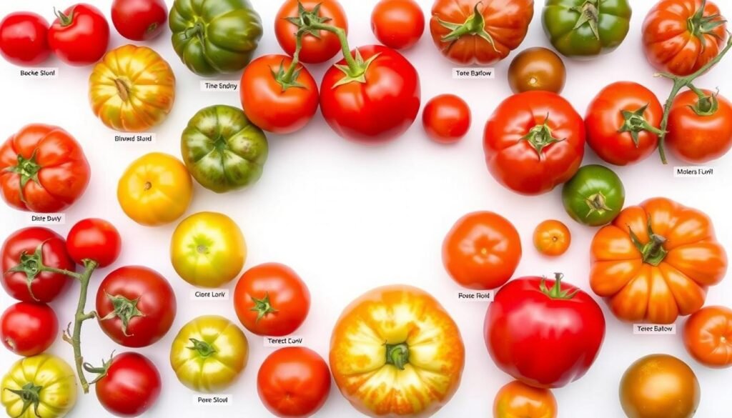 Porównanie różnych odmian pomidorów - kolaż pokazujący różnorodność kształtów, kolorów i rozmiarów