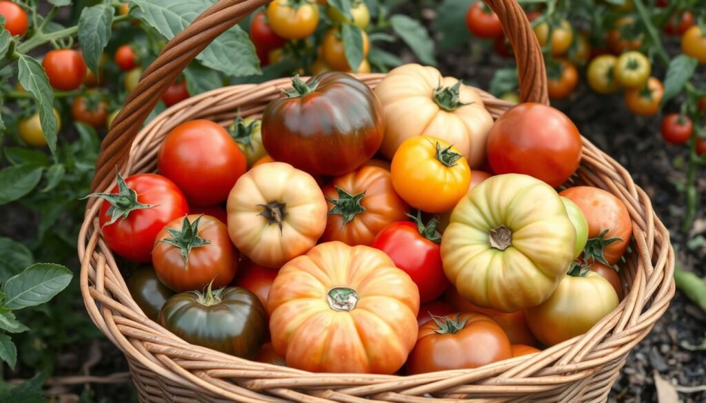 Zbiór dojrzałych pomidorów różnych odmian w koszyku ogrodowym