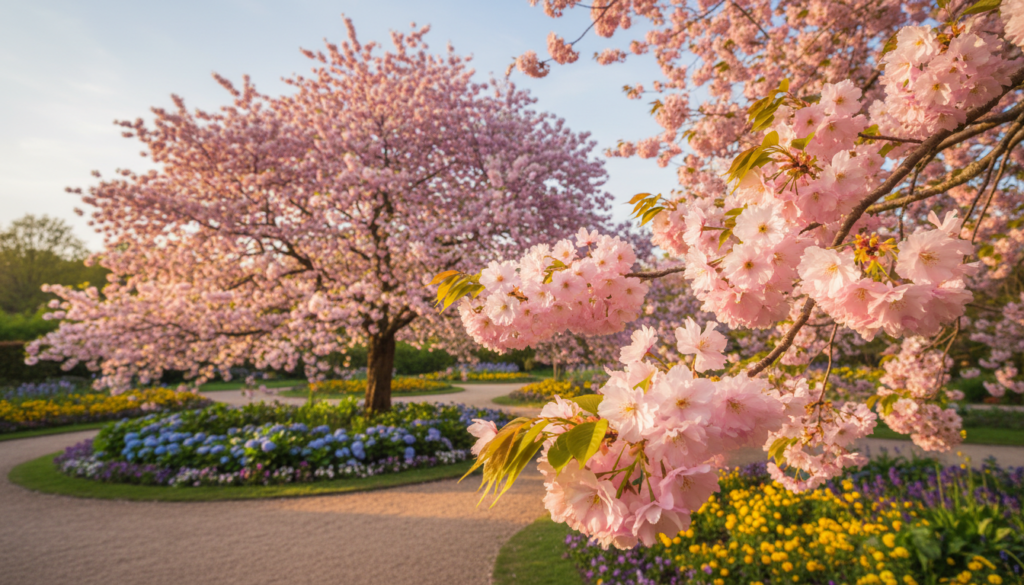 A beautiful landscape showcasing a “wiśnia piłkowana” (prunus serrulata 'Kanzan') cherry tree in full bloom. In the foreground, delicate pink blossoms dangle from lush, green leaves, capturing the essence of spring. The tree should be slightly tilted, showcasing an impressive canopy filled with vibrant flowers, each petal glistening under soft sunlight. In the middle ground, a neatly manicured garden with distinct pathways and colorful flower beds complements the majestic cherry tree, enhancing the tranquil scene. The background features a blurred view of a gentle blue sky, creating an ethereal atmosphere. The lighting is warm and inviting, emphasizing the vibrancy of the blossoms while casting soft shadows. The image conveys a sense of serenity and beauty, perfect for illustrating a garden setting. A beautiful landscape showcasing a “wiśnia piłkowana” (prunus serrulata 'Kanzan') cherry tree in full bloom. In the foreground, delicate pink blossoms dangle from lush, green leaves, capturing the essence of spring. The tree should be slightly tilted, showcasing an impressive canopy filled with vibrant flowers, each petal glistening under soft sunlight. In the middle ground, a neatly manicured garden with distinct pathways and colorful flower beds complements the majestic cherry tree, enhancing the tranquil scene. The background features a blurred view of a gentle blue sky, creating an ethereal atmosphere. The lighting is warm and inviting, emphasizing the vibrancy of the blossoms while casting soft shadows. The image conveys a sense of serenity and beauty, perfect for illustrating a garden setting.