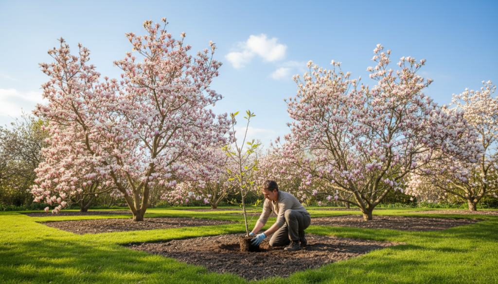 A serene garden scene depicting the process of planting a magnolia tree. In the foreground, a gardener dressed in modest casual clothing kneels down, gently placing a young magnolia sapling into rich brown soil. The middle ground features a well-tilled garden bed surrounded by lush green grass, with several flowering magnolia trees in various stages of bloom in soft pastel pinks and whites. The background reveals a sunny blue sky with a few fluffy white clouds, casting dappled sunlight over the scene. The mood is calm and nurturing, evoking a sense of growth and care in the garden. Use vibrant colors and soft lighting to enhance the warmth of the moment. Capture the image from a slightly elevated angle to include both the gardener's hands at work and the beautiful magnolia blooms. A serene garden scene depicting the process of planting a magnolia tree. In the foreground, a gardener dressed in modest casual clothing kneels down, gently placing a young magnolia sapling into rich brown soil. The middle ground features a well-tilled garden bed surrounded by lush green grass, with several flowering magnolia trees in various stages of bloom in soft pastel pinks and whites. The background reveals a sunny blue sky with a few fluffy white clouds, casting dappled sunlight over the scene. The mood is calm and nurturing, evoking a sense of growth and care in the garden. Use vibrant colors and soft lighting to enhance the warmth of the moment. Capture the image from a slightly elevated angle to include both the gardener's hands at work and the beautiful magnolia blooms.
