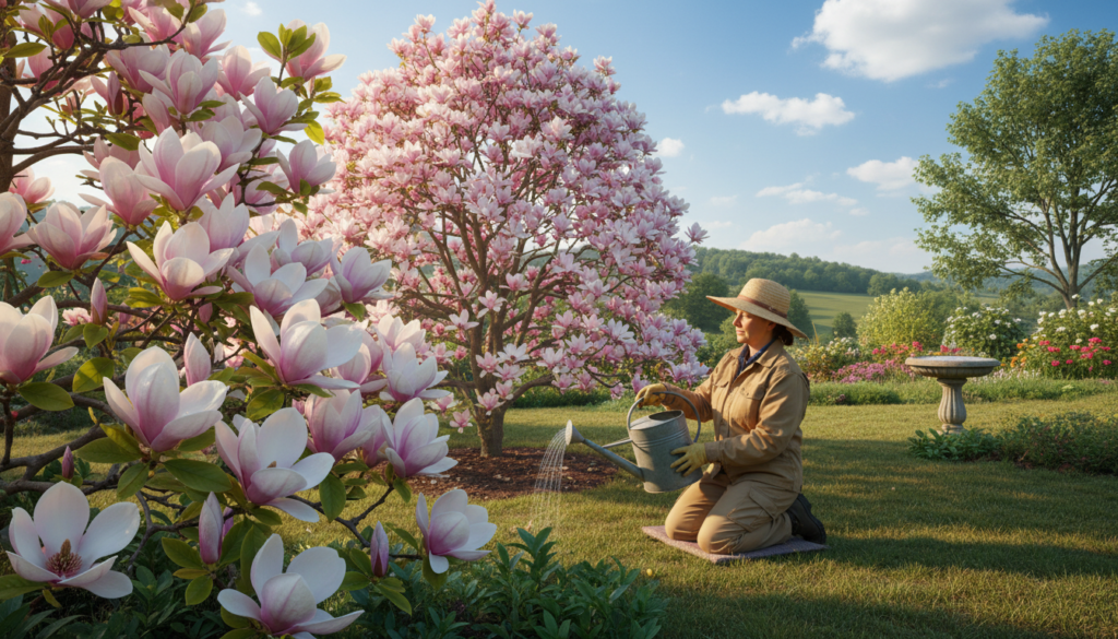 A serene garden scene featuring a gardener gently watering a stunning magnolia tree in full bloom. In the foreground, vibrant pink and white magnolia flowers are clustered on thick, glossy green leaves, with droplets of water glistening on the petals. The middle ground showcases the gardener, wearing a light, professional gardening outfit, kneeling beside the tree with a watering can in hand, attending to the plant with care. The background reveals a bright blue sky dotted with soft, fluffy clouds, and lush greenery surrounding the scene, enhancing the sense of tranquility. The lighting is soft and warm, casting gentle shadows, creating an inviting and nurturing atmosphere, perfect for the cultivation of a beautiful garden. A serene garden scene featuring a gardener gently watering a stunning magnolia tree in full bloom. In the foreground, vibrant pink and white magnolia flowers are clustered on thick, glossy green leaves, with droplets of water glistening on the petals. The middle ground showcases the gardener, wearing a light, professional gardening outfit, kneeling beside the tree with a watering can in hand, attending to the plant with care. The background reveals a bright blue sky dotted with soft, fluffy clouds, and lush greenery surrounding the scene, enhancing the sense of tranquility. The lighting is soft and warm, casting gentle shadows, creating an inviting and nurturing atmosphere, perfect for the cultivation of a beautiful garden.