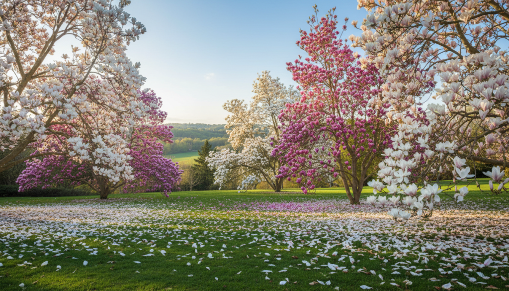 A serene garden scene featuring a selection of magnificent magnolia trees in full bloom, showcasing a variety of flower colors such as white, pink, and purple. In the foreground, a lush green lawn with delicate magnolia petals scattered throughout. In the middle ground, several eye-catching magnolia varieties are grouped together to highlight their unique shapes and sizes, emphasizing their blossoms’ beauty. The background features a softly blurred landscape with gentle hills and blue skies, with warm sunlight filtering through the branches, creating a tranquil and inviting atmosphere. The image should be shot from a slightly elevated angle to capture the full expanse of this enchanting garden, evoking a sense of peace and inspiration for garden enthusiasts. A serene garden scene featuring a selection of magnificent magnolia trees in full bloom, showcasing a variety of flower colors such as white, pink, and purple. In the foreground, a lush green lawn with delicate magnolia petals scattered throughout. In the middle ground, several eye-catching magnolia varieties are grouped together to highlight their unique shapes and sizes, emphasizing their blossoms’ beauty. The background features a softly blurred landscape with gentle hills and blue skies, with warm sunlight filtering through the branches, creating a tranquil and inviting atmosphere. The image should be shot from a slightly elevated angle to capture the full expanse of this enchanting garden, evoking a sense of peace and inspiration for garden enthusiasts.