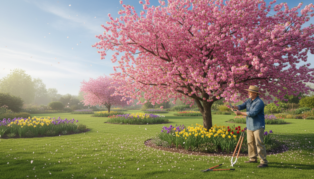 A serene garden scene focusing on a well-maintained 'Kanzan' cherry tree, showcasing its vibrant pink blossoms. In the foreground, a gardener, dressed in modest casual clothing, carefully prunes the branches using professional gardening tools. The middle ground highlights the lush green grass and various colorful flower beds surrounding the tree, with delicate petals floating gently in the air. In the background, a clear blue sky enhances the overall brightness, with soft sunlight illuminating the scene, creating a warm and inviting atmosphere. The composition is framed as if viewed through a wide-angle lens, subtly emphasizing the beauty and care of the garden environment, evoking a sense of tranquility and appreciation for nature. A serene garden scene focusing on a well-maintained 'Kanzan' cherry tree, showcasing its vibrant pink blossoms. In the foreground, a gardener, dressed in modest casual clothing, carefully prunes the branches using professional gardening tools. The middle ground highlights the lush green grass and various colorful flower beds surrounding the tree, with delicate petals floating gently in the air. In the background, a clear blue sky enhances the overall brightness, with soft sunlight illuminating the scene, creating a warm and inviting atmosphere. The composition is framed as if viewed through a wide-angle lens, subtly emphasizing the beauty and care of the garden environment, evoking a sense of tranquility and appreciation for nature.