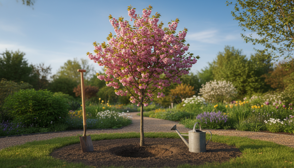 A serene garden scene showcasing the cultivation of the 'Kanzan' cherry blossom tree. In the foreground, a neatly organized planting area with a freshly dug hole for the sapling, tools like a spade and watering can visible nearby. In the middle, the young 'Kanzan' tree, adorned with delicate pink blossoms, stands tall with vibrant green leaves. In the background, a blurred view of a well-maintained garden with lush foliage and other blooming flowers, under a clear blue sky. Soft sunlight filters through the branches, creating dappled shadows on the ground, conveying a peaceful and inviting atmosphere. The composition should be captured from a slightly low angle to emphasize the tree's height and beauty. A serene garden scene showcasing the cultivation of the 'Kanzan' cherry blossom tree. In the foreground, a neatly organized planting area with a freshly dug hole for the sapling, tools like a spade and watering can visible nearby. In the middle, the young 'Kanzan' tree, adorned with delicate pink blossoms, stands tall with vibrant green leaves. In the background, a blurred view of a well-maintained garden with lush foliage and other blooming flowers, under a clear blue sky. Soft sunlight filters through the branches, creating dappled shadows on the ground, conveying a peaceful and inviting atmosphere. The composition should be captured from a slightly low angle to emphasize the tree's height and beauty.