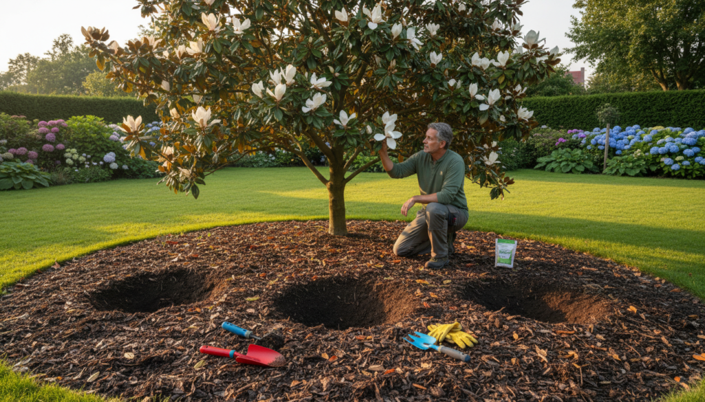 A serene garden setting showcasing a well-prepared magnolia planting site. In the foreground, freshly turned soil is enriched with organic matter, with neat planting holes ready for magnolia saplings, surrounded by colorful garden tools. In the middle ground, a mature magnolia tree in full bloom displays large, creamy-white petals, while a gardener kneels beside it, dressed in modest casual clothing, carefully inspecting the plant. The background reveals a lush, green lawn and other flowering plants, bathed in soft, golden afternoon light. The atmosphere is peaceful and inviting, highlighting the beauty and care involved in cultivating magnolias within a Polish garden. The angle is slightly elevated, giving a comprehensive view of the planting area without any text or distractions. A serene garden setting showcasing a well-prepared magnolia planting site. In the foreground, freshly turned soil is enriched with organic matter, with neat planting holes ready for magnolia saplings, surrounded by colorful garden tools. In the middle ground, a mature magnolia tree in full bloom displays large, creamy-white petals, while a gardener kneels beside it, dressed in modest casual clothing, carefully inspecting the plant. The background reveals a lush, green lawn and other flowering plants, bathed in soft, golden afternoon light. The atmosphere is peaceful and inviting, highlighting the beauty and care involved in cultivating magnolias within a Polish garden. The angle is slightly elevated, giving a comprehensive view of the planting area without any text or distractions.