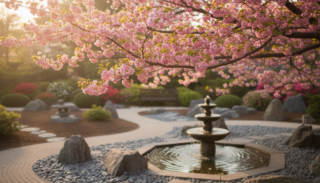 A stunning Japanese cherry tree, known as 'Kanzan', in full bloom, showcasing clusters of vibrant pink flowers and lush green leaves. In the foreground, a well-manicured garden with ornamental stones and softly curved pathways that lead the viewer's eye toward the tree. The middle ground features a gracefully flowing water fountain, reflecting the cherry blossoms, creating a serene atmosphere. In the background, softly blurred outlines of a traditional wooden garden bench and a variety of flowering shrubs. The lighting is warm and inviting, akin to golden hour, casting a gentle glow on the blossoms. Shot with a shallow depth of field to emphasize the blossoms in sharp focus, evoking a tranquil and picturesque garden setting. A stunning Japanese cherry tree, known as 'Kanzan', in full bloom, showcasing clusters of vibrant pink flowers and lush green leaves. In the foreground, a well-manicured garden with ornamental stones and softly curved pathways that lead the viewer's eye toward the tree. The middle ground features a gracefully flowing water fountain, reflecting the cherry blossoms, creating a serene atmosphere. In the background, softly blurred outlines of a traditional wooden garden bench and a variety of flowering shrubs. The lighting is warm and inviting, akin to golden hour, casting a gentle glow on the blossoms. Shot with a shallow depth of field to emphasize the blossoms in sharp focus, evoking a tranquil and picturesque garden setting.