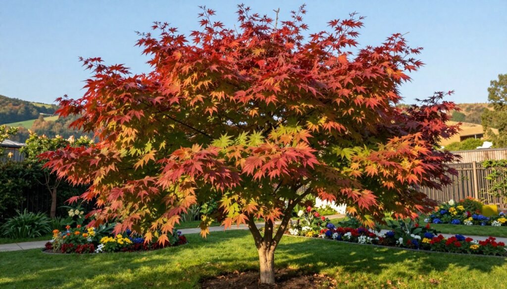 A vibrant and detailed depiction of the "Acer palmatum" (Japanese Maple tree) in a Polish garden setting, showcasing its unique leaf shape and stunning autumn colors. In the foreground, a well-maintained Japanese Maple stands gracefully, its leaves transitioning from green to bright reds and oranges under soft, golden sunlight. The middle ground features neatly arranged flower beds with seasonal blooms, complementing the tree's visual appeal. In the background, a hint of a quaint garden fence and rolling hills can be seen, framed by a clear blue sky. The image captures a serene, inviting atmosphere, emphasizing the beauty of the selected maple variety suited for colder winters. The composition is clear and crisp, taken with a wide-angle lens to highlight the garden's peaceful ambiance.