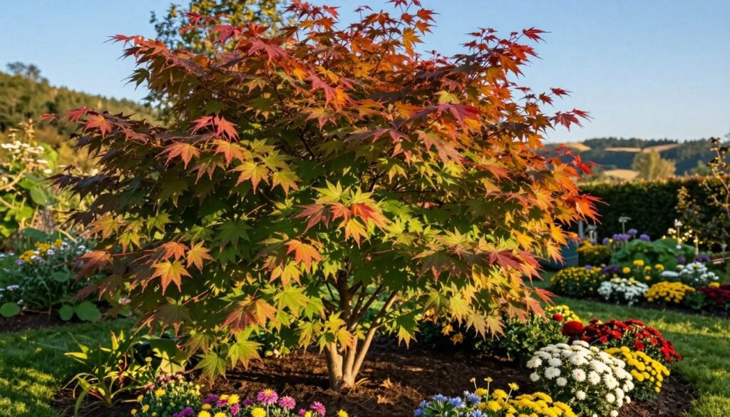 A vibrant garden scene showcasing a healthy Acer palmatum (Japanese maple) thriving in Poland. In the foreground, lush green foliage with colorful leaves transitioning from deep green to shades of red and orange, embodying the autumn season. In the middle, a well-tended flower bed surrounding the tree, featuring seasonal blooms like chrysanthemums and asters, providing contrast and depth. The background includes a soft-focus view of distant, gently rolling hills under a bright, clear blue sky, with a warm, golden afternoon light casting soft shadows. The atmosphere feels serene and inviting, illustrating the potential for cultivating this plant in a Polish garden setting.