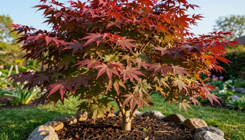A vibrant, healthy "Acer palmatum" (Japanese maple) tree in a serene Polish garden setting. In the foreground, showcase the intricate leaf patterns with rich shades of red and green, capturing the delicate textures under soft natural light. The middle ground features well-maintained soil and decorative stones surrounding the base of the tree, emphasizing care and cultivation. In the background, include blurred outlines of other garden plants and a clear blue sky, creating a peaceful atmosphere. Use a warm, golden-hour lighting to enhance the colors and create a sense of tranquility. The image should evoke a sense of appreciation for this unique tree and its requirements in cooler climates, without any text or distractions.