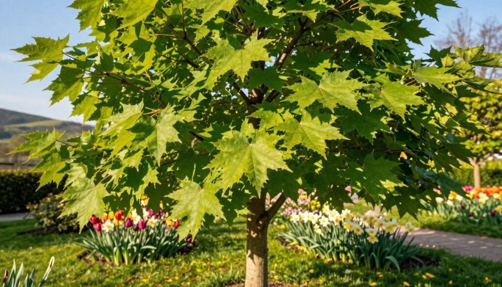 A vibrant scene featuring a "klon palmowy" (palmate maple) tree as the focal point in a well-maintained Polish garden. In the foreground, the tree showcases its distinctive five-lobed leaves, bright green in color with a slight sheen under warm sunlight. The middle ground presents colorful blooming flowers such as tulips and daffodils surrounding the base of the tree, creating a harmonious contrast. In the background, gentle rolling hills provide a soft backdrop under a clear blue sky. The atmosphere feels serene and inviting, capturing the essence of a tranquil spring day. The lighting is warm and soft, emphasizing the vivid colors and details of the foliage. The perspective is slightly low, looking up at the canopy of the klon palmowy, which frames the scene beautifully.