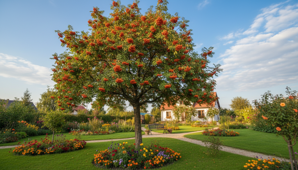 A beautiful common rowan tree (Sorbus aucuparia) standing gracefully in a well-maintained Polish garden. In the foreground, vibrant clusters of bright orange berries hang from the tree branches, showcasing the tree's ornamental value. The middle ground features a lush carpet of green grass and colorful flower beds that complement the tree’s aesthetic. In the background, a clear blue sky and soft, fluffy clouds bathe the scene in warm sunlight, creating a cheerful atmosphere. Use a wide-angle lens to capture the full majesty of the tree and its surroundings, highlighting the tree's detailed bark and rich foliage. The image should evoke a sense of harmony and tranquility, perfect for showcasing the appeal of this decorative tree in a garden setting.