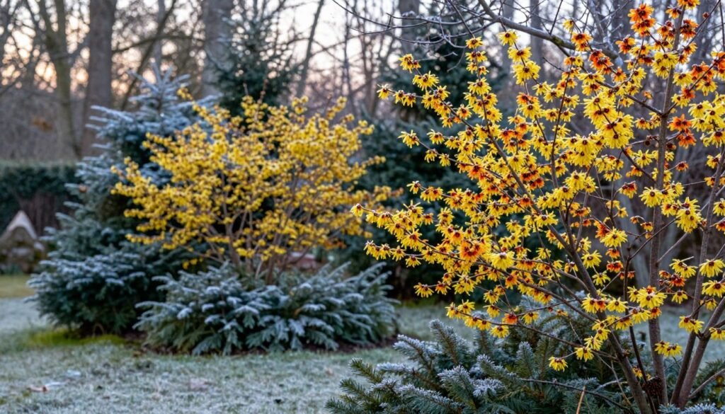 A beautiful winter garden featuring a vibrant display of Hamamelis virginiana and Hamamelis intermedia, known as witch hazel, in full bloom. In the foreground, delicate yellow and orange flowers with intricate petal structures are highlighted against a backdrop of dark, leafless branches. The midground showcases a variety of evergreen shrubs, providing contrast to the colorful blooms, while a soft layer of frost delicately blankets the ground. The background is filled with blurred silhouettes of a serene forest under a soft, diffuse winter light, casting gentle shadows. The scene conveys a tranquil and enchanting atmosphere, inviting viewers to appreciate the unique beauty and charm of these unusual flowering trees in winter and early spring gardens. Shot with a 50mm lens to create a gentle depth of field.