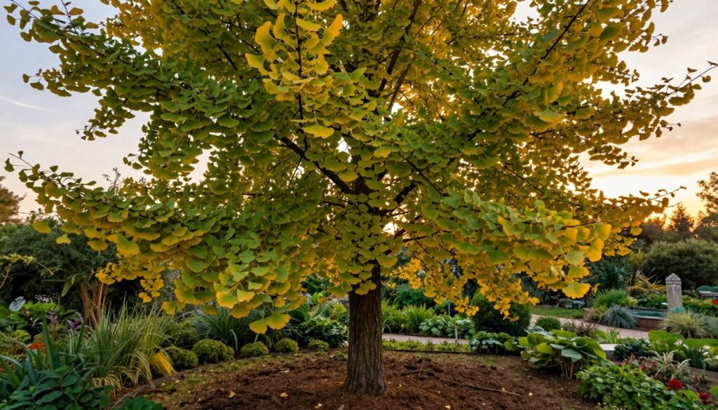 A beautifully arranged landscape featuring a Ginkgo biloba tree, known for its unique fan-shaped leaves, in a natural setting. In the foreground, display the distinctive yellow-green leaves of the Ginkgo tree, highlighting their unique shape and texture. In the middle ground, incorporate a small garden setting with rich, fertile soil ideal for the tree's growth, surrounded by other plants that thrive in similar conditions. The background should show a serene sky at sunset, with soft, warm lighting casting a golden hue over the scene, emphasizing the calm atmosphere of a peaceful botanical garden in Poland. Capture this angle from slightly below eye level, adding depth and focus to the Ginkgo tree's impressive canopy.