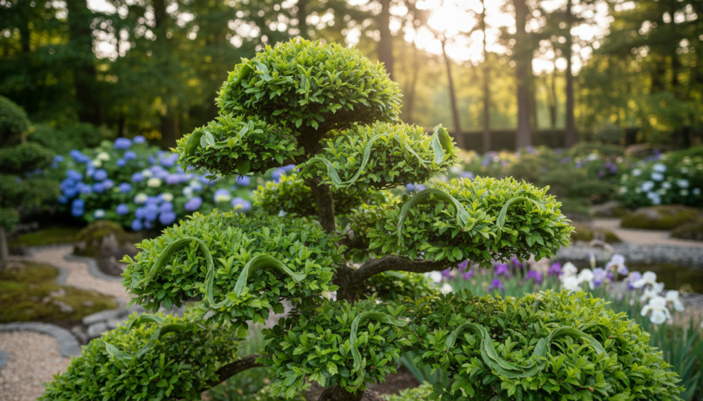 A beautifully crafted topiary of common hornbeam (Carpinus betulus) shaped into a delightful small tree, showcasing its intricately pruned leaves. In the foreground, the shiny, fresh green foliage is detailed, with elegant curvatures that emphasize the craftsmanship involved in its formation. The middle ground features a curated garden setting, with blooming flowers and ornamental stones, enhancing the overall aesthetic. The background includes a soft-focus blur of a serene garden environment with gentle sunlight filtering through leaves, creating a warm and inviting atmosphere. Capture this scene with soft, natural lighting, simulating late afternoon light, and use a shallow depth of field to bring the topiary into sharp focus while softly blurring the rest of the garden. The mood should be tranquil and refined, emphasizing the artistry of gardening.