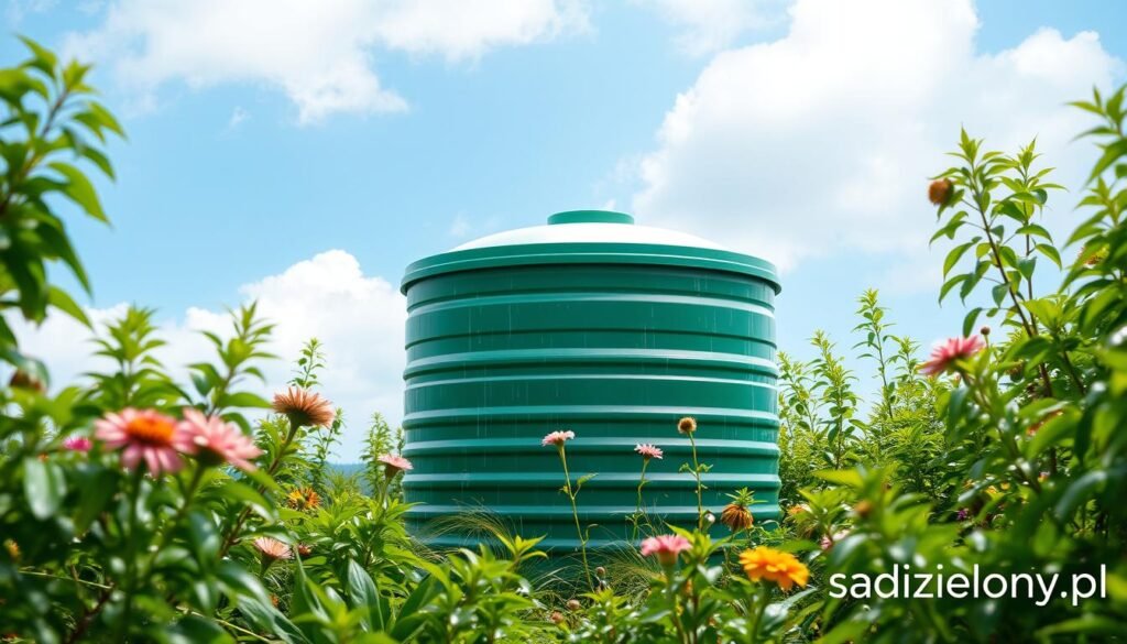 A beautifully designed rainwater collection tank set in a lush garden. In the foreground, the sleek, modern rainwater tank made of durable material stands prominently, showcasing a vibrant green color to blend harmoniously with the natural surroundings. In the middle ground, various flourishing plants and flowers surround the tank, with droplets of rain glistening on their leaves to create a fresh, inviting atmosphere. The background features a serene blue sky with soft, fluffy clouds, enhancing the feeling of a calm, rainy day. The lighting is bright and natural, with gentle sunlight filtering through the leaves, casting interesting shadows. The scene conveys a peaceful and eco-friendly approach to sustainable gardening. Include a subtle logo of "sadzielony.pl" at the bottom right corner for branding.