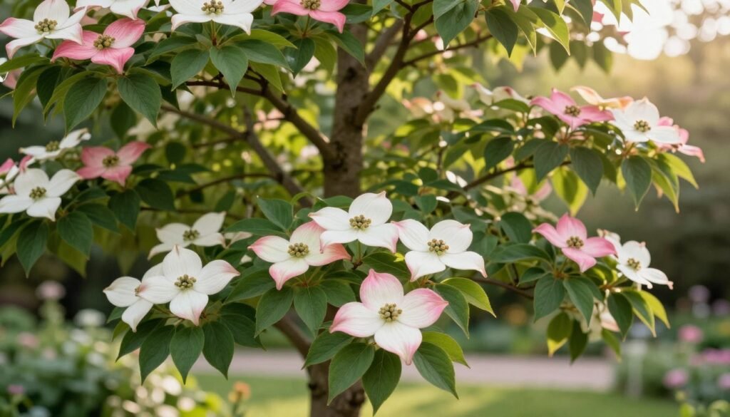 A beautifully detailed illustration of the Cornus kousa, or Kousa Dogwood, showcasing its vibrant flowers and distinctive foliage. In the foreground, focus on the clusters of white and pink blooms, with their star-like appearance, and lush, dark green leaves. The middle ground presents the tree's structured branches spreading gracefully, while the background features a soft-focus garden setting with gentle sunlight filtering through the leaves, creating a warm and inviting atmosphere. Capture this scene using a shallow depth of field to emphasize the flowers and textures, as well as a soft, golden hour lighting to evoke a serene and tranquil mood. The overall composition should encourage admiration for the decorative qualities of the Kousa Dogwood in a garden setting. A beautifully detailed illustration of the Cornus kousa, or Kousa Dogwood, showcasing its vibrant flowers and distinctive foliage. In the foreground, focus on the clusters of white and pink blooms, with their star-like appearance, and lush, dark green leaves. The middle ground presents the tree's structured branches spreading gracefully, while the background features a soft-focus garden setting with gentle sunlight filtering through the leaves, creating a warm and inviting atmosphere. Capture this scene using a shallow depth of field to emphasize the flowers and textures, as well as a soft, golden hour lighting to evoke a serene and tranquil mood. The overall composition should encourage admiration for the decorative qualities of the Kousa Dogwood in a garden setting.