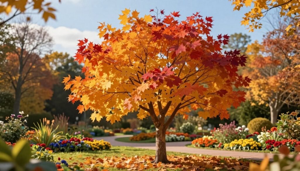 A beautifully detailed illustration of the "Parocja perska," also known as Persian Ironwood, showcasing its rich autumn foliage in vivid hues of gold, orange, and deep red. In the foreground, depict a well-maintained young tree with intricate leaves and a textured, mottled bark. The middle ground should feature a softly lit garden setting, surrounded by colorful autumn flowers and gentle garden pathways. In the background, include blurred silhouettes of other trees in a serene park environment under a clear blue sky. Use warm, golden hour lighting to create a tranquil and inviting atmosphere, emphasizing the stunning fall colors of the tree. The composition should reflect a peaceful, natural scene, perfect for an ornamental garden.