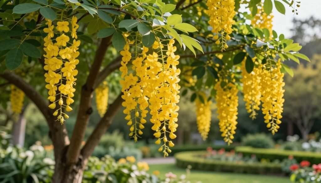 A beautifully detailed image of "kwiaty złotokapu" (Golden Chain flower) in a lush garden setting. In the foreground, capture clusters of vibrant yellow flowers hanging gracefully from delicate green foliage, with soft sunlight illuminating their petals. The middle ground features the tree's sturdy branches and rich, green leaves, showcasing the lushness of its growth. In the background, include hints of a serene garden landscape, perhaps with manicured hedges or softly blurred flowerbeds, to create depth. Use gentle, warm lighting to evoke a peaceful atmosphere, with a slight bokeh effect on the background to emphasize the golden flowers. The angle should be slightly elevated, providing a clear view of the flowers and their elegant structure. The overall mood should feel tranquil and inviting, highlighting the beauty of this ornamental tree in a garden setting.