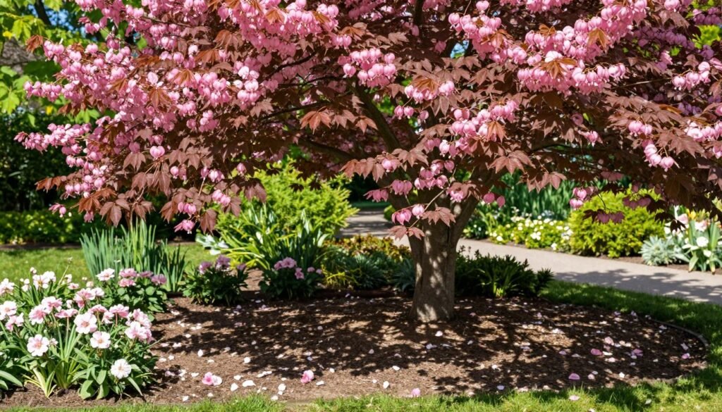 A beautifully landscaped garden featuring a Canadian Judas tree (Cercis canadensis) in its prime, showcasing its striking heart-shaped leaves and vibrant pink blooms. In the foreground, delicate flowers scatter the ground, and a well-tended flower bed enriches the scene. The middle ground features the tree's gracefully curved branches, adorned with clusters of blossoms that attract bees and butterflies. Soft, dappled sunlight filters through the leaves, casting gentle shadows on the ground. The background reveals lush green shrubs and a serene garden path, inviting viewers to explore further. The atmosphere is peaceful and inviting, ideal for a garden setting, captured from a slightly elevated angle with a focus on both the tree and its surrounding elements. The overall mood reflects a perfect selection of garden space for optimal growth.
