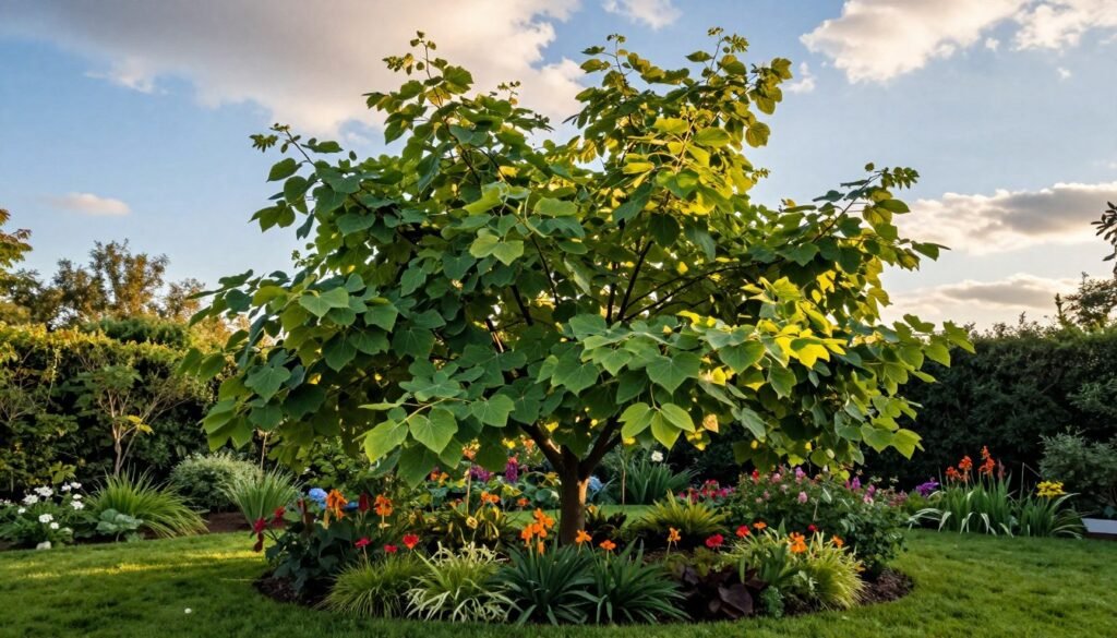 A beautifully landscaped small garden featuring a 'lipa drobnolistna' (small-leaved lime) tree as the focal point. In the foreground, lush green grass and colorful flowering plants create a vibrant setting. The middle ground showcases the graceful, heart-shaped leaves of the lipa drobnolistna, highlighted by soft, dappled sunlight filtering through the tree's branches. The background includes a serene blue sky with gentle clouds, adding depth to the scene. The lighting is warm, suggesting a late afternoon ambiance, enhancing the inviting and tranquil mood of the garden. Capture this scene with a slight angle to emphasize the tree's height and elegance, ensuring no characters or objects detract from the beauty of the natural setting.