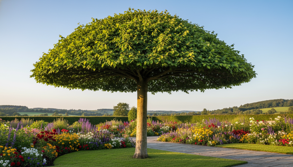 A beautifully manicured common hornbeam tree, shaped into a stylish standard form, stands gracefully in an elegant garden. In the foreground, vibrant green foliage frames the polished trunk, with precise pruning creating a symmetrical canopy overhead. In the middle ground, colorful seasonal flowers bloom, adding to the garden's charm, while a neatly paved stone path leads the viewer's eye toward the tree. Soft, golden hour sunlight filters through the branches, casting playful shadows on the ground, evoking a warm and inviting atmosphere. In the background, gentle rolling hills and a clear blue sky provide a serene backdrop to enhance the tranquility of this picturesque outdoor scene, emphasizing the beauty of cultivated nature.