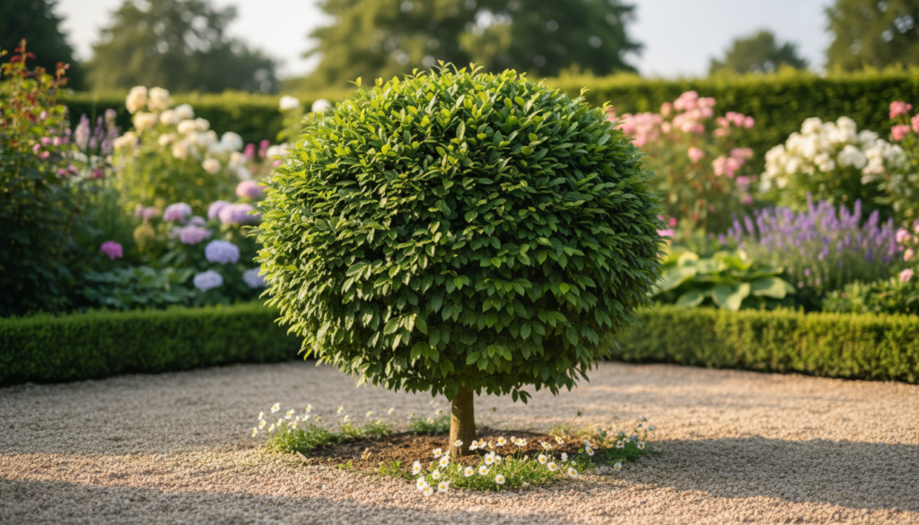 A beautifully manicured "grab pospolity" (common hornbeam) shaped like a small tree, showcasing its elegant, densely packed leaves in vibrant green shades. In the foreground, the tree stands proudly on a pebble pathway, with delicate white flowers peeking through. The middle ground features a softly blurred garden backdrop, with a variety of colorful plants and shrubs providing lush context. The scene is bathed in warm, late afternoon light, casting gentle shadows that enhance the texture of the leaves. Captured from a slightly low angle to emphasize the tree's stature, the overall mood conveys a tranquil and sophisticated garden atmosphere, perfect for adding prestige to any green space. The image should be vibrant and inviting, with a focus on the beauty of the tree and its surroundings.
