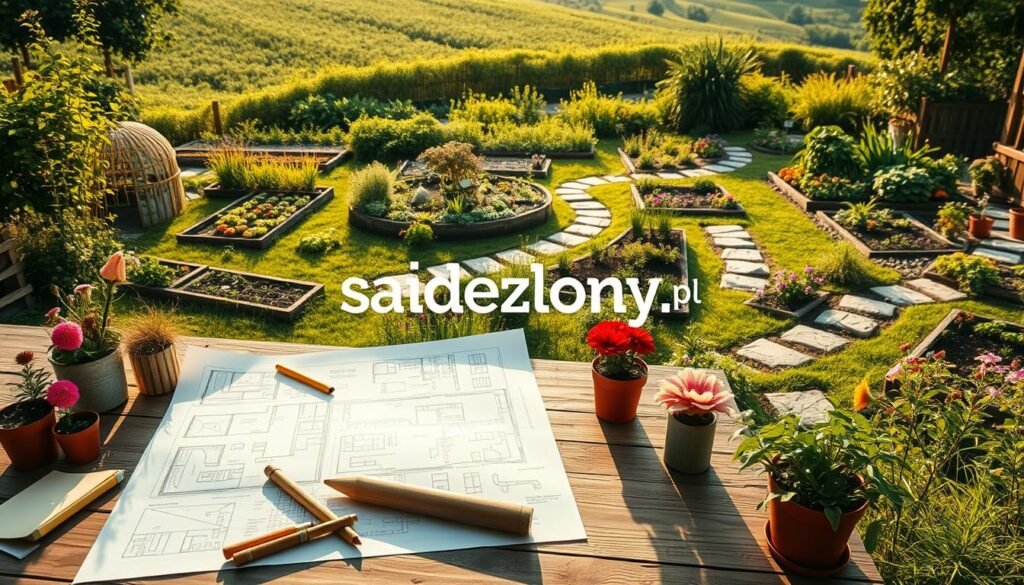 A beautifully organized garden space exemplifying effective planning for eco-gardening. In the foreground, a detailed garden layout plan is spread out on a wooden table with drafting tools, surrounded by potted plants, colorful flowers, and drawing materials. In the middle ground, various garden sections are clearly defined with pathways made of stone and grass, showcasing diverse plantings such as vegetables, herbs, and flowers, creating a harmonious blend of colors. The background features a lush green landscape under soft, golden afternoon sunlight, casting gentle shadows and highlighting the vibrant colors. The mood is calm and encouraging, evoking the joy of gardening. Emphasize the branding "sadzielony.pl" subtly within the scene, ensuring a cohesive and professional aesthetic without any text overlays.