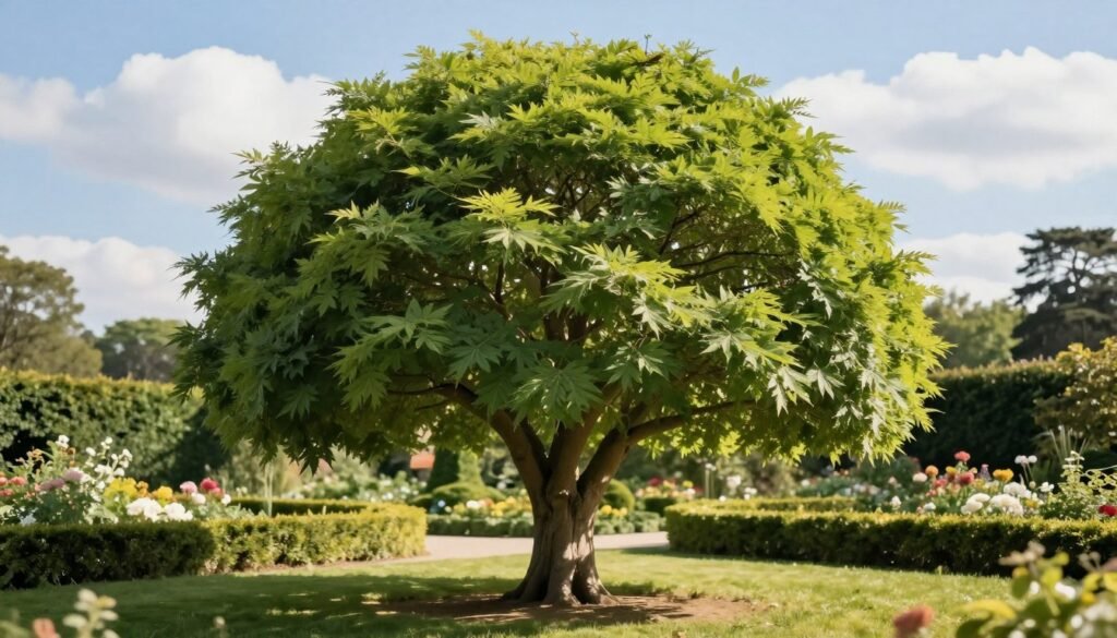 A beautifully shaped, lush "Akacja kulista" tree, also known as the globular robinia, stands prominently in the foreground with its rounded canopy full of vibrant green leaves. The tree’s smooth bark is subtly textured, reflecting sunlight, creating a warm, inviting atmosphere. In the middle ground, a serene garden setting with well-manicured hedges and blooming flowers enhances the elegance of the scene. Delicate light filters through the foliage, casting gentle shadows on the grass below. In the background, a soft-focus view of blue sky and fluffy white clouds adds depth, while the composition is captured with a wide-angle lens to emphasize the tree’s stature. Overall, the mood is tranquil and idyllic, perfect for showcasing the ornamental value and unique characteristics of the globular robinia. A beautifully shaped, lush "Akacja kulista" tree, also known as the globular robinia, stands prominently in the foreground with its rounded canopy full of vibrant green leaves. The tree’s smooth bark is subtly textured, reflecting sunlight, creating a warm, inviting atmosphere. In the middle ground, a serene garden setting with well-manicured hedges and blooming flowers enhances the elegance of the scene. Delicate light filters through the foliage, casting gentle shadows on the grass below. In the background, a soft-focus view of blue sky and fluffy white clouds adds depth, while the composition is captured with a wide-angle lens to emphasize the tree’s stature. Overall, the mood is tranquil and idyllic, perfect for showcasing the ornamental value and unique characteristics of the globular robinia.