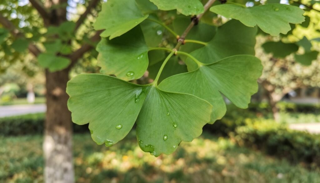 A close-up image of Ginkgo biloba (miłorząb dwuklapowy) leaves, showcasing their unique fan-shaped structure and vibrant green color. The foreground features a few glossy, fresh leaves with intricate venation, dew drops glistening on their surfaces. In the middle ground, a gentle blur of the tree's branches is visible, offering context and depth. The background captures a soft focus of a serene garden setting, with dappled sunlight filtering through the leaves, creating a warm, inviting atmosphere. The composition should convey tranquility and the beauty of nature, with a shallow depth of field to emphasize the leaves. The lighting should be bright yet soft, enhancing the colors and textures without harsh contrasts.