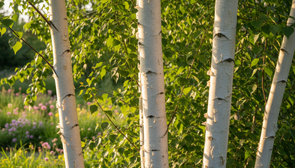 A close-up view of a 'Doorenbos' birch tree, showcasing its striking white bark and delicate, green leaves. In the foreground, focus on the smooth, white trunks glistening subtly in dappled sunlight, highlighting their distinctive texture. The middle ground features healthy, lush foliage with varying shades of green, conveying the tree's vitality. In the background, a serene garden scene unfolds, filled with soft, blurred flowers and grass, creating a tranquil atmosphere. The lighting is warm and inviting, reminiscent of a late afternoon sun, giving everything a golden hue. Capture the essence of careful maintenance and nurturing care that the tree requires throughout the seasons, evoking a sense of peace and natural beauty.
