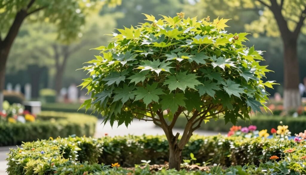 A close-up view of a Fraxinus pennsylvanica 'Nana', showcasing its round, ornamental shape and lush, green foliage. In the foreground, vibrant leaves with varying shades of green gently sway, glistening under soft, dappled sunlight that filters through a light canopy overhead. In the middle ground, the tree stands elegantly in a small garden space, complemented by neatly trimmed hedges and colorful flower beds that add depth and contrast. In the background, a blurred landscape of a serene park setting enhances the focal point of the tree. The overall atmosphere is tranquil and inviting, symbolizing a peaceful outdoor retreat. The image is captured with a shallow depth of field for a soft bokeh effect, emphasizing the beauty of the ‘Nana’ cultivar.