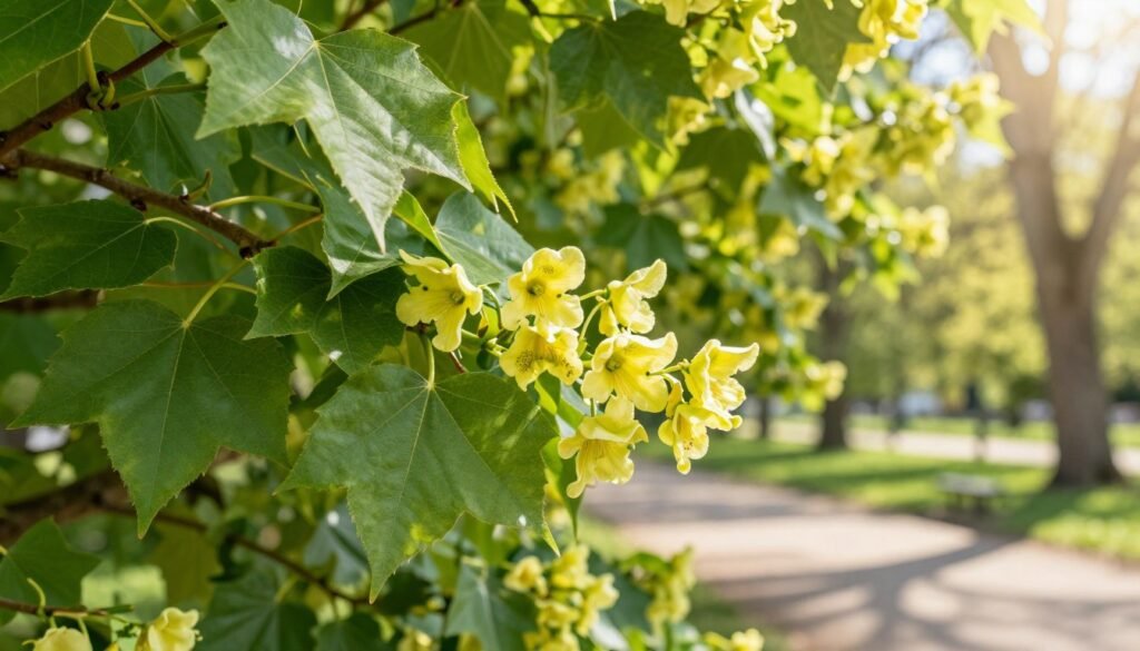 A close-up view of a Tilia cordata (small-leaved lime) tree, highlighting its heart-shaped leaves with a glossy green finish in the foreground, revealing intricate veins. The middle ground features clusters of delicate yellow-green flowers, showcasing the tree's ornamental aspects. In the background, a gentle sunlit park setting adds warmth, with soft, diffused sunlight filtering through the leaves, creating dappled shadows on the ground. The atmosphere is serene and inviting, suggesting a peaceful garden environment. Capture the image using a slightly angled perspective, emphasizing the majesty of the tree while maintaining a focus on the details of the leaves and flowers.