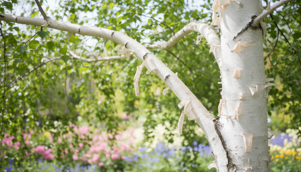 A close-up view of a beautiful Betula pendula 'Doorenbos', showcasing its striking, snow-white bark. The foreground captures the unique texture of the peeling, pristine white bark, illuminated by soft, diffused sunlight filtering through leafy green branches. In the middle ground, slender, elegant branches adorned with vivid green leaves create a contrast against the bark. In the background, a serene garden setting with gentle bokeh hints of blurred flowers in soft pastels, enhancing the tranquil mood. The image is taken at a slight upward angle to emphasize the height of the tree and the grandeur of its bark, evoking a sense of care and admiration for this ornamental tree.