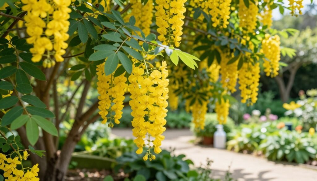 A close-up view of a beautiful golden rain tree (Laburnum anagyroides) displaying vibrant yellow flowers, with a focus on healthy leaves and blossoms in the foreground. Surround the tree with gentle, lush greenery that highlights its ornamental value, while subtly showing protective measures against pests, such as organic sprays and companion plants placed in a natural garden setting. Soft, diffused sunlight filters through the leaves, casting delicate shadows on the ground to create an inviting and serene atmosphere. In the background, a blurred depiction of a well-maintained garden adds depth, drawing attention to the beauty and care required for this majestic tree. The overall mood is one of tranquility and meticulous gardening care.