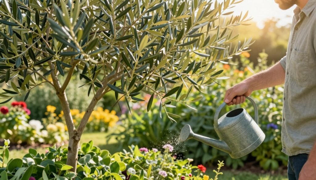 A close-up view of a narrow-leaved olive tree (Olea europaea subsp. sylvestris) being carefully tended to in a vibrant garden. In the foreground, a gardener in modest casual clothing gently waters the tree using a stylish watering can, surrounded by rich green foliage. In the middle ground, the olive tree stands proudly, showcasing its slender branches and small, silvery-green leaves glistening under soft sunlight. The background is a sunny garden filled with blooming flowers and flourishing plants, creating a serene and inviting atmosphere. The lighting is warm and natural, with a slight lens flare enhancing the cheerful mood, and the angle is slightly elevated to capture the tree's height and the gardener’s actions harmoniously. A close-up view of a narrow-leaved olive tree (Olea europaea subsp. sylvestris) being carefully tended to in a vibrant garden. In the foreground, a gardener in modest casual clothing gently waters the tree using a stylish watering can, surrounded by rich green foliage. In the middle ground, the olive tree stands proudly, showcasing its slender branches and small, silvery-green leaves glistening under soft sunlight. The background is a sunny garden filled with blooming flowers and flourishing plants, creating a serene and inviting atmosphere. The lighting is warm and natural, with a slight lens flare enhancing the cheerful mood, and the angle is slightly elevated to capture the tree's height and the gardener’s actions harmoniously.