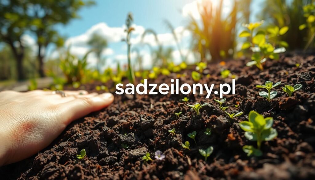 A close-up view of fertile soil, rich and dark, embedded with vibrant green roots and small colorful flowers, teeming with life. In the foreground, a hand gently touches the soil, showcasing the texture and richness, symbolizing care for soil health. The middle ground features a variety of thriving plants, indicating diverse ecosystems, while the background displays a sunny weather scene with a bright blue sky, creating a warm and inviting atmosphere. Soft sunlight filters through, casting gentle shadows that emphasize the soil's vitality. This image conveys the essence of soil fertility, enriched by nature’s elements, embodying the idea of nurturing the earth sustainably. The logo "sadzielony.pl" is subtly integrated into the landscape, maintaining focus on the soil density and health, in a harmonious manner.