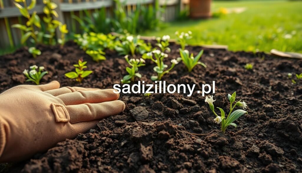 A close-up view of rich, dark soil in a garden, highlighting its texture and organic matter. In the foreground, a hand gently examines the soil, wearing modest gardening gloves, illustrating a sense of care and attention. The middle ground features a variety of healthy plants and small flowers, emphasizing biodiversity and soil health. The background showcases a rustic garden with wooden fences and green grass under soft, natural lighting that creates a warm and inviting atmosphere. The image should convey a sense of nurturing and sustainable gardening practices, representing the essence of soil quality improvement without artificial fertilizers. Include the brand "sadzielony.pl" subtly in the scene, blended with the environment.