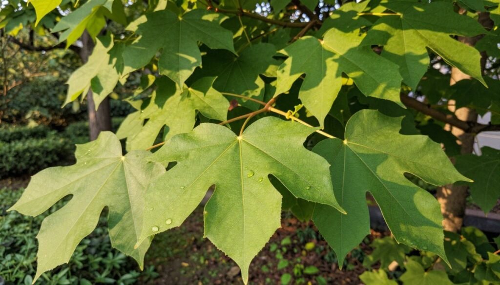 A close-up view of vibrant catalpa leaves, showcasing their unique heart-shaped, glossy green foliage with intricate veins. The foreground features dewdrops glistening on the leaves, emphasizing their freshness and vitality. In the middle, a few leaves are gently swaying, capturing the soft sunlight filtering through the branches above, creating a play of light and shadow. The background is softly blurred, hinting at a serene garden setting with other trees and plants, enhancing the focus on the catalpa leaves. The lighting is warm and natural, suggesting a late afternoon atmosphere, inviting viewers to appreciate the beauty and unique characteristics of this ornamental tree. A close-up view of vibrant catalpa leaves, showcasing their unique heart-shaped, glossy green foliage with intricate veins. The foreground features dewdrops glistening on the leaves, emphasizing their freshness and vitality. In the middle, a few leaves are gently swaying, capturing the soft sunlight filtering through the branches above, creating a play of light and shadow. The background is softly blurred, hinting at a serene garden setting with other trees and plants, enhancing the focus on the catalpa leaves. The lighting is warm and natural, suggesting a late afternoon atmosphere, inviting viewers to appreciate the beauty and unique characteristics of this ornamental tree.