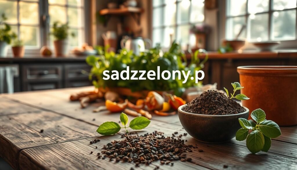 A cozy kitchen scene that showcases the concept of "fusy kawy" (coffee grounds) being used as a natural fertilizer. In the foreground, a rustic wooden table is adorned with a small bowl of rich, brown coffee grounds, next to a potted green plant showing signs of growth. The middle ground features an assortment of kitchen scraps, like fruit peels and vegetable trimmings, scattered around a vibrant, thriving herb garden. In the background, large windows let in soft, warm sunlight, illuminating the entire scene with a gentle glow. The atmosphere should feel inviting and homey, emphasizing sustainability and the nurturing of plants. Incorporate the brand name "sadzielony.pl" subtly within the image, ensuring it blends seamlessly with the overall theme. Capture this with a soft focus and warm color palette to evoke a sense of comfort and eco-friendliness.