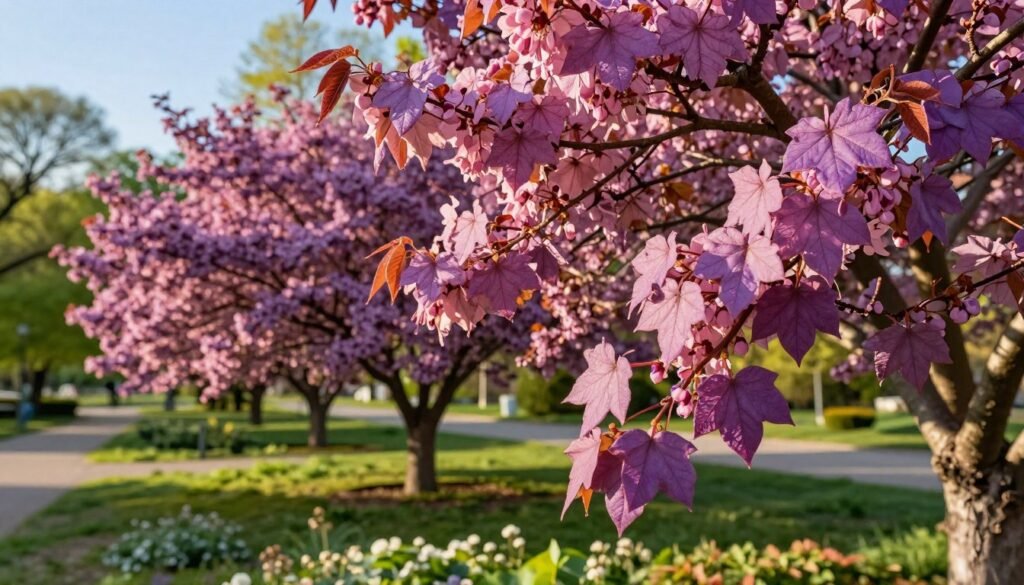 A detailed illustration of the Canadian Judas tree (Cercis canadensis), showcasing its vibrant purple-pink flowers in full bloom during spring. In the foreground, highlight the heart-shaped leaves, with a close-up view of the unique branching structure. The middle ground should feature a well-maintained garden setting, with more Judas trees providing depth and dimension, their blossoms creating a striking contrast against the lush greenery. In the background, softly blurred, show hints of a tranquil park landscape, with distant trees and a clear blue sky. The lighting is warm and inviting, suggesting a sunny day, with natural light filtering through the leaves, enhancing the tree's colors. The atmosphere should feel serene and captivating, emphasizing the beauty and appeal of the Judas tree in a cultivated environment.