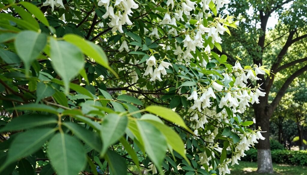 A lush and vibrant scene showcasing a "Chinese dove tree" (Davidia involucrata) in a serene garden setting. In the foreground, the distinct heart-shaped leaves of the tree are highlighted, gently swaying in a light breeze. The middle ground features the tree’s unique white flowers, resembling handkerchiefs, delicately hanging from its branches, creating a captivating visual contrast against the lush green. In the background, soft, diffused sunlight filters through a canopy of neighboring trees, casting gentle shadows and enhancing the tranquil atmosphere. The image captures the essence of nurturing nature, with a focus on care and protection. The overall mood is peaceful and inviting, suggesting an ideal environment for cultivating this species. The composition is balanced, with a focus on details and textures that emphasize the beauty of the tree.