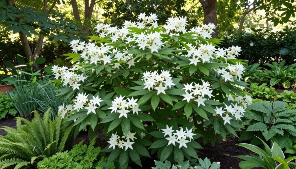 A lush garden scene showcasing a thriving "dereń kousa" (Cornus kousa) plant in bloom. In the foreground, the plant displays its distinctive large, star-shaped white flowers, surrounded by glossy green leaves. The middle ground features a variety of other garden plants, highlighting the ideal complementary flora that thrives alongside it, such as ferns and shade-tolerant perennials. In the background, a gentle sunlight filters through the leaves of tall trees, creating a serene and inviting atmosphere. The image should be captured from a slightly elevated angle to provide a comprehensive view of the plant's growth and the surrounding flora. Soft, natural lighting enhances the colors and textures, conveying a tranquil, harmonious garden setting conducive to the ideal cultivation of "dereń kousa." A lush garden scene showcasing a thriving "dereń kousa" (Cornus kousa) plant in bloom. In the foreground, the plant displays its distinctive large, star-shaped white flowers, surrounded by glossy green leaves. The middle ground features a variety of other garden plants, highlighting the ideal complementary flora that thrives alongside it, such as ferns and shade-tolerant perennials. In the background, a gentle sunlight filters through the leaves of tall trees, creating a serene and inviting atmosphere. The image should be captured from a slightly elevated angle to provide a comprehensive view of the plant's growth and the surrounding flora. Soft, natural lighting enhances the colors and textures, conveying a tranquil, harmonious garden setting conducive to the ideal cultivation of "dereń kousa."