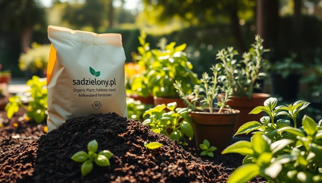 A lush garden scene showcasing organic plant fertilizer, prominently placed in the foreground. The fertilizer, a rich, dark brown compost, is surrounded by vibrant green plants with healthy leaves. In the middle ground, there are various potted plants and herbs, such as basil and rosemary, thriving under soft, natural daylight. The background features a blurred view of a garden with sunlight filtering through trees, creating a warm and inviting atmosphere. The scene conveys a sense of vitality and growth, emphasizing the benefits of natural soil enhancement. Include a subtle brand logo of "sadzielony.pl" on the fertilizer bag to reinforce its identity. The overall lighting is bright yet soft, capturing the essence of a sustainable gardening approach.