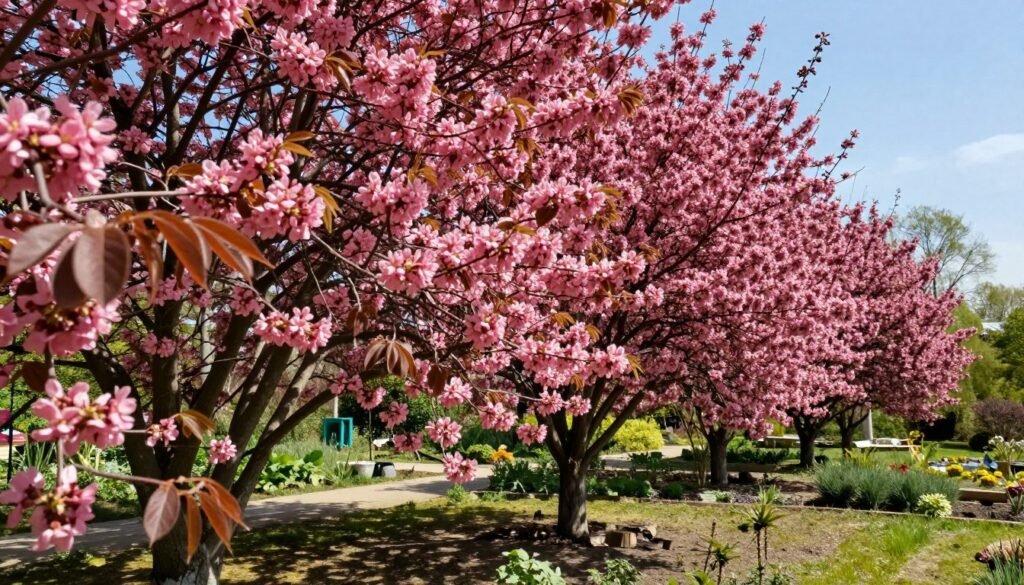 A lush landscape featuring judaszowiec kanadyjski (Canadian redbud) trees in bloom, showcasing their vibrant pink flowers. In the foreground, a close-up view of the leaves and blossoms, highlighting their intricate details and rich colors. The middle ground displays a well-tended garden setting in Poland, with the trees thriving amidst a variety of plants. The background shows a clear blue sky, indicative of favorable weather conditions for the plant's growth. Soft sunlight filters through the branches, creating dappled shadows on the ground, enhancing the warm, inviting atmosphere. Overall, the image conveys a sense of tranquility and the beauty of nature, suited for illustrating the cultivation of this species in Polish climates.