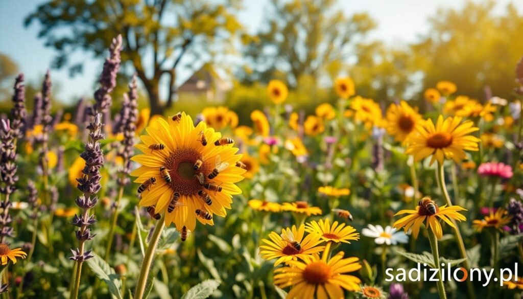 A lush, vibrant garden filled with a variety of bee-friendly plants, such as lavender, daisies, and sunflowers, attracts numerous bees in lively motion. In the foreground, focus on a cluster of bees collecting nectar from a bright sunflower, their intricate details visible, showcasing the beauty of these essential pollinators. In the middle ground, include more flowering plants in various stages of bloom, radiating color and life, while bees buzz around them. The background features a soft, blurred view of leafy trees under a clear blue sky, creating a peaceful and thriving ecosystem. The warm, golden sunlight bathes the scene, enhancing the vibrant colors and creating a cheerful atmosphere. The overall mood is one of harmony and nature’s tranquility, perfectly encapsulating the concept of a bee-friendly garden. Incorporate a subtle watermark with the brand name "sadzielony.pl" in the lower corner.