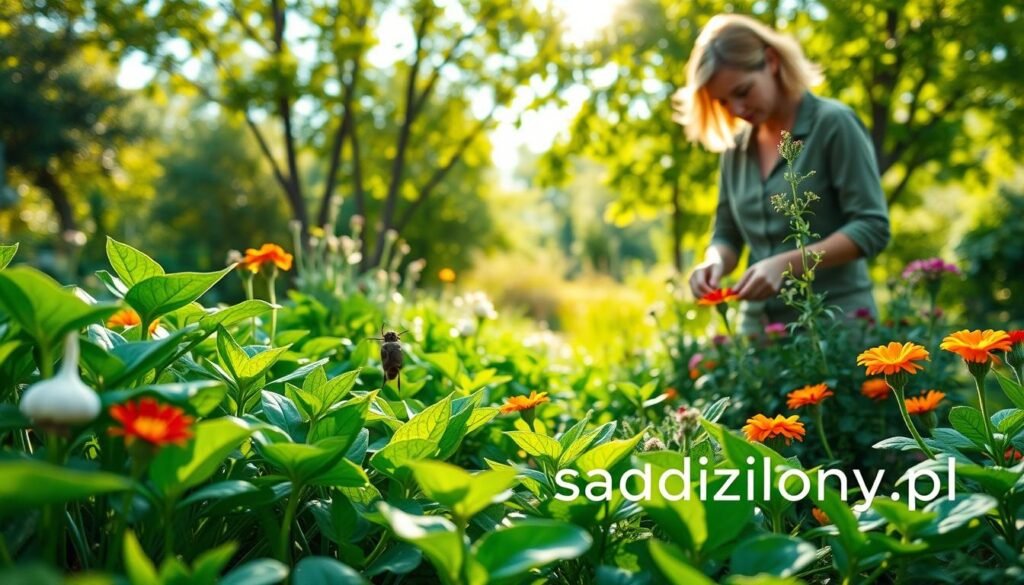 A lush, vibrant garden scene illustrating effective natural plant protection. In the foreground, healthy green plants are thriving, surrounded by colorful flowers and strategically placed natural pest repellents, such as garlic and marigolds. In the middle ground, a gentle gardener—dressed in modest casual clothing—carefully inspects the plants for pests, using organic methods. In the background, a bright, sunny sky filters through leafy trees, creating dappled sunlight on the garden. The atmosphere is serene and nurturing, evoking an eco-friendly approach to gardening. The image should be lively and detail-rich, with a focus on natural beauty and sustainability. Brand name "sadzielony.pl" subtly included in the scene, reflecting a commitment to chemical-free gardening practices.
