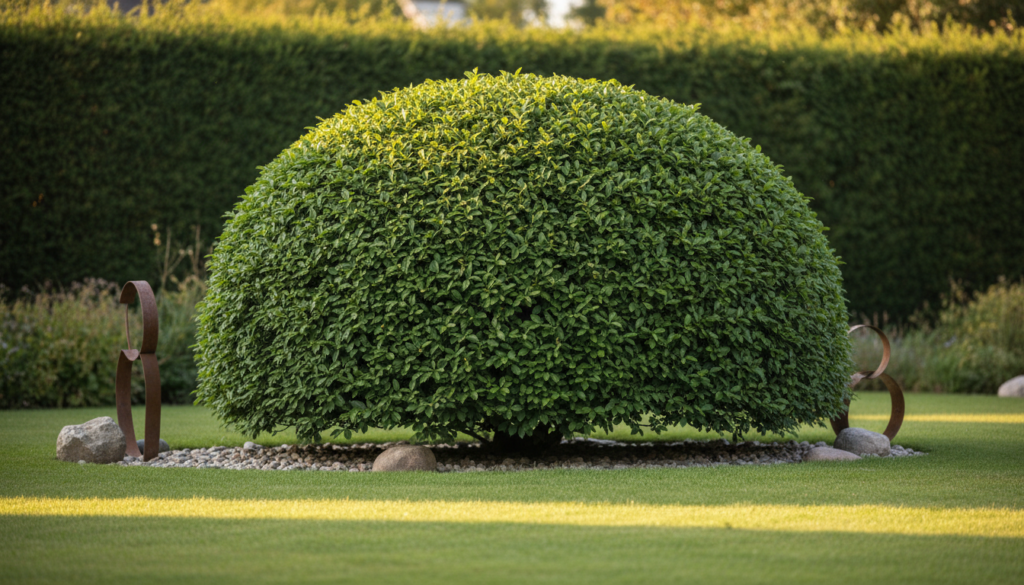 A meticulously shaped common hornbeam (Carpinus betulus) tree, elegantly trimmed into a dome shape, stands proudly in an expansive garden setting. In the foreground, the lush green foliage of the hornbeam showcases vibrant, rich textures with light filtering through, casting soft shadows. The middle ground features a neatly manicured lawn, dotted with ornamental stones and garden accents that harmoniously complement the tree's elegant form. In the background, a blurred row of tall, dense hedges creates a sense of privacy, enhancing the intimate atmosphere. The scene is bathed in warm, golden afternoon sunlight, evoking a serene and inviting mood. Shot with a shallow depth of field to emphasize the hornbeam’s intricate details, this composition conveys tranquility and natural beauty, perfect for highlighting the elegance and functionality of garden design.