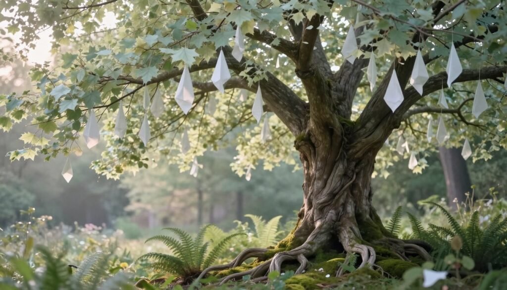 A mystical "drzewo duchów" (ghost tree) towering in a serene natural landscape, featuring its distinctive, tear-shaped leaves that resemble white handkerchiefs fluttering in the gentle breeze. In the foreground, delicate branches covered with pale green leaves create an ethereal canopy. The middle ground showcases the tree's intricate, twisting trunk, supported by gnarled roots intertwined with soft moss and vibrant ferns. The background is adorned with a soft-focus blur of a tranquil forest, where filtered sunlight cascades through the foliage, casting a warm glow. Capture the scene at dusk, using a shallow depth of field to emphasize the tree, evoking a sense of mystery and enchantment, with a color palette of soothing greens, soft whites, and hints of pastel colors.